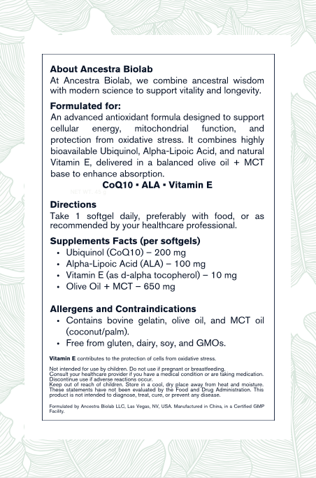 Advanced antioxidant blend to fuel your cells. With CoQ10, Alpha-Lipoic Acid & Vitamin E in an olive + MCT oil base. 